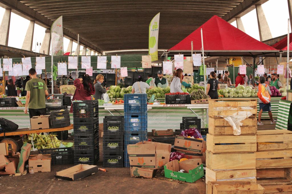 Vibrant indoor market scene with fresh produce and people shopping in São Paulo, Brazil.